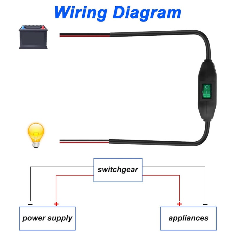 XMSJSIY Inline Cord Switch 12V 24V/3A Toggle ON/Off Rocker Button Switch with Prewire on Both End Green LED for Lamp- 0.5M/1.6FT -2PCS - Image 3